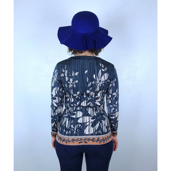 vintage 60s Dusty Blue FLOWER POWER Psychedelic Knit crazy daisy nylon jumper - Picture 9 of 10